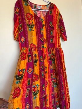 Vtg Jennifer Moore 90s Floral Midi Dress 1X Prairie Fit & Flare Peasant Pockets